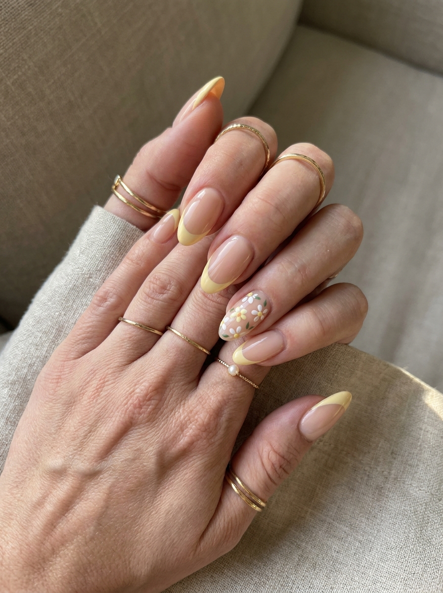 Buttery Yellow Floral French Nails mit gelben Spitzen und feinen Blüten